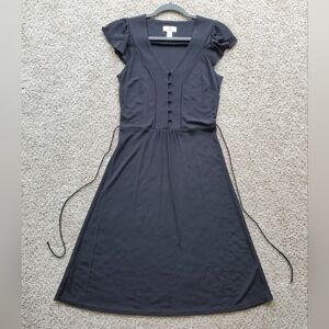 Button Front Flutter Sleeve Midi A-Line Dress with Waist Tie Back